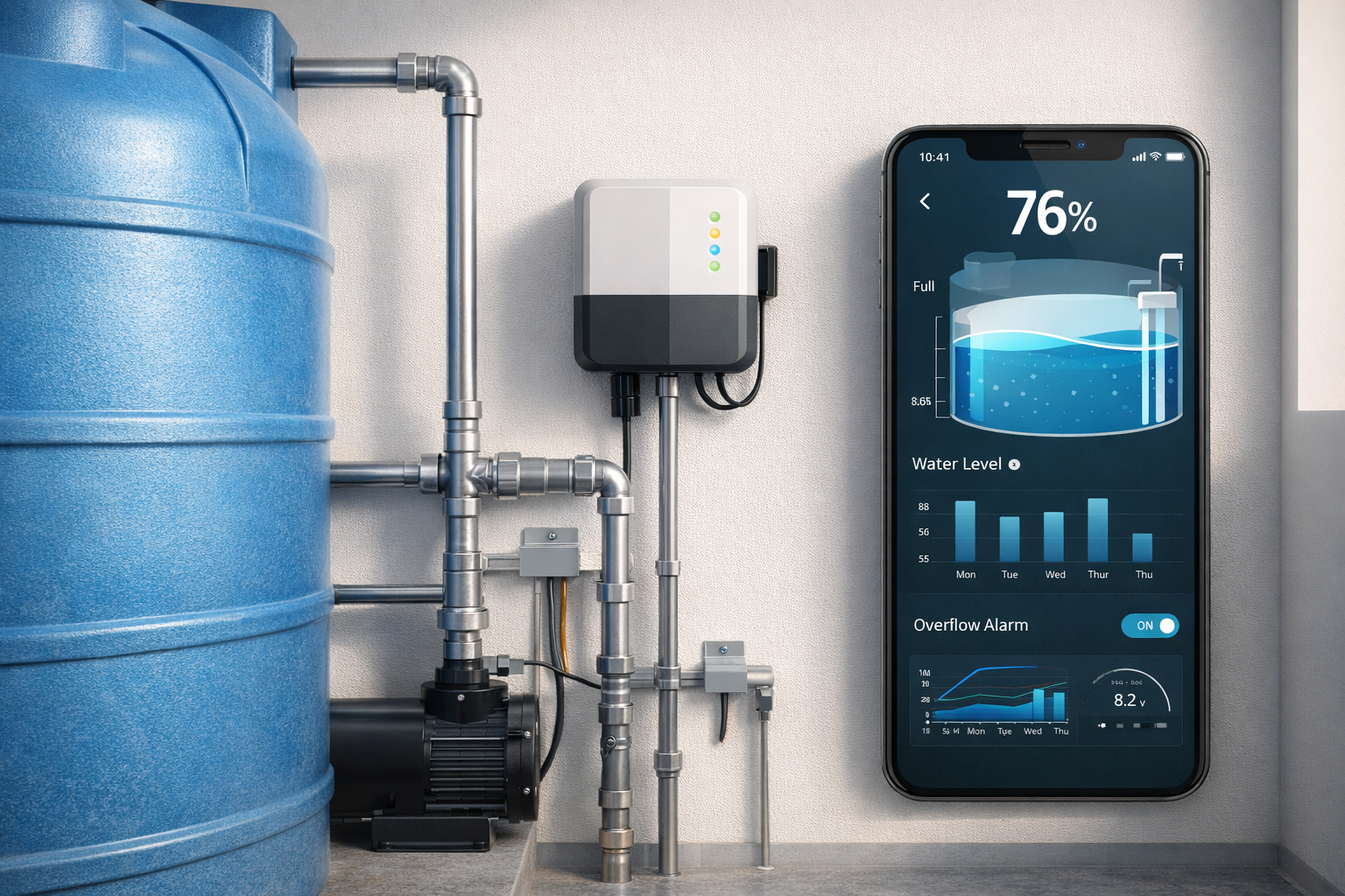 AI-generated smart water tank controller and tank sensor hardware prepared for installation.
