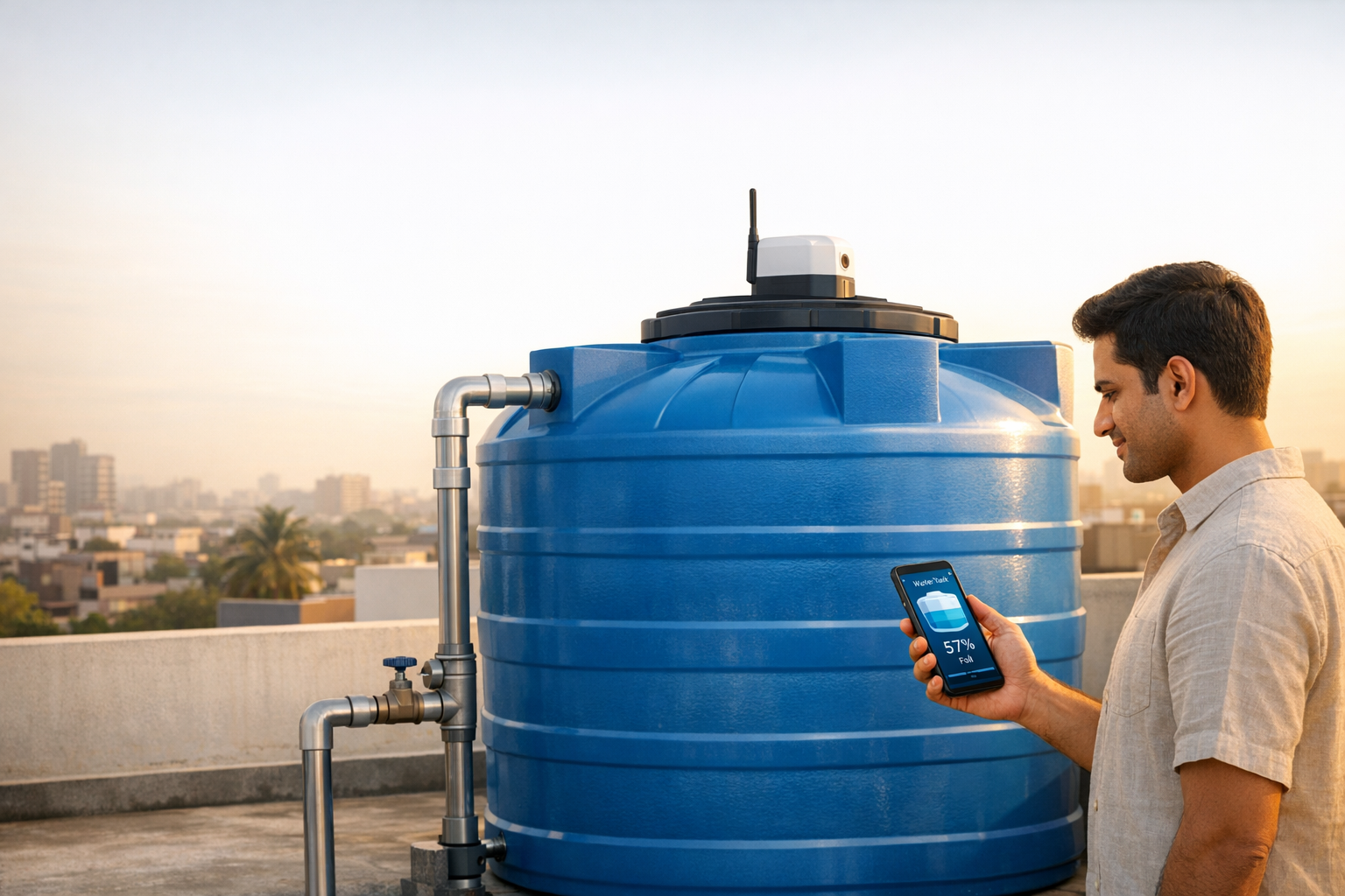AI-generated homeowner checking smart water tank status on a phone beside a monitored rooftop tank.